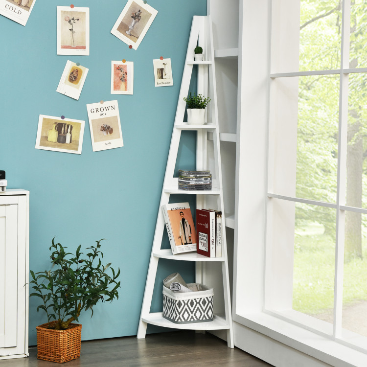 5-Tier Modern Corner Bookcase Shelf with Strong Wooden Frame-WhiteCostway Gallery View 6 of 11